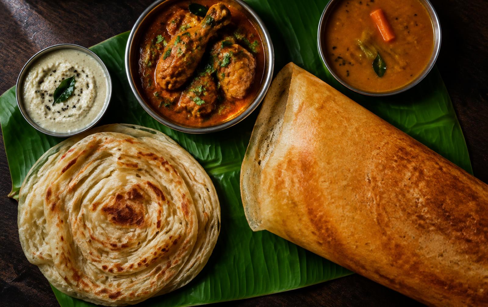 Parotta, dosa and chicken gravy on a banana leaf